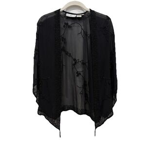 SCALA Mesh Beaded Drapey Open Front Top / Shrug Black Size Medium M